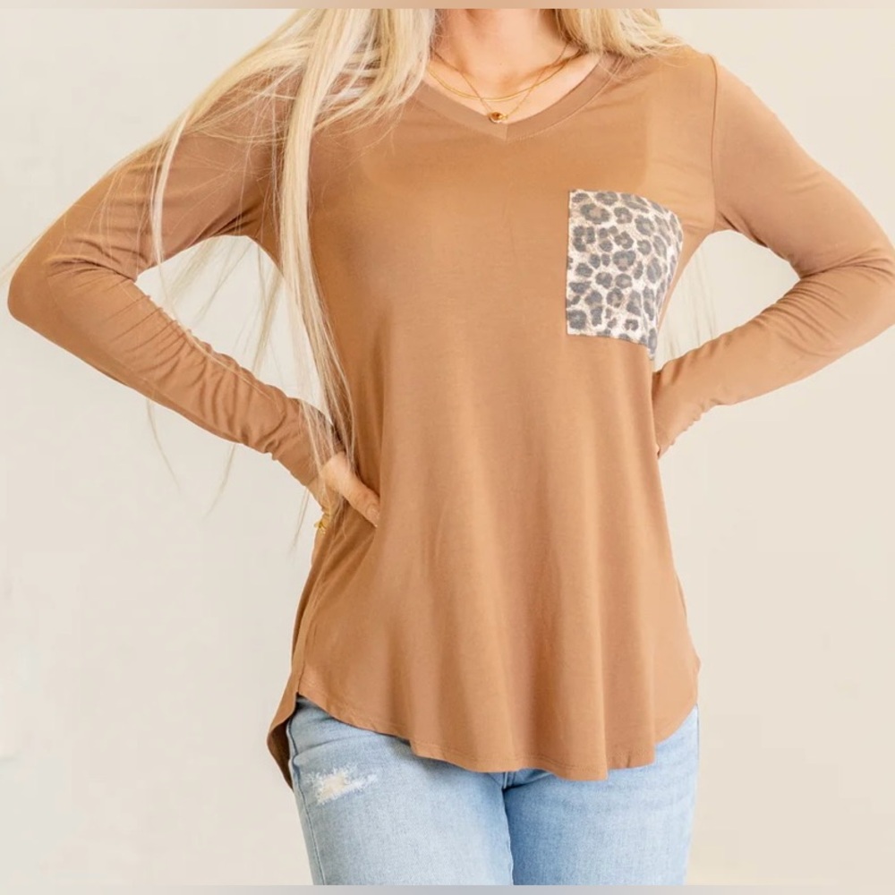 929. NEW! ZENANA Long Sleeve V-neck Leopard Pocket Top in Deep Camel